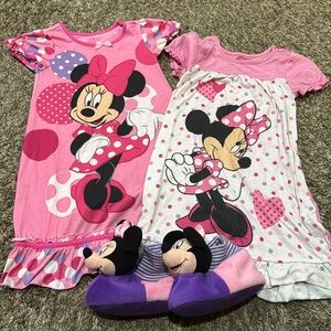 Lot of 3 Minnie Mouse items 2 Disney Store nightgowns & pair of houseshoes.  EUC